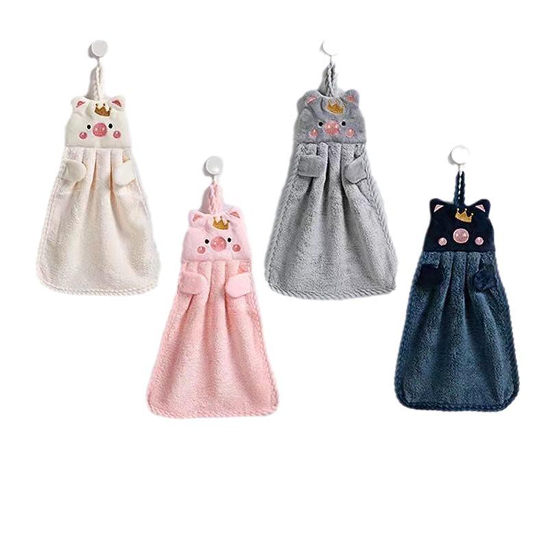 Absorbent Lint-Free Coral Fleece Pig Hanging Towel - Cute Children's Hand Towel