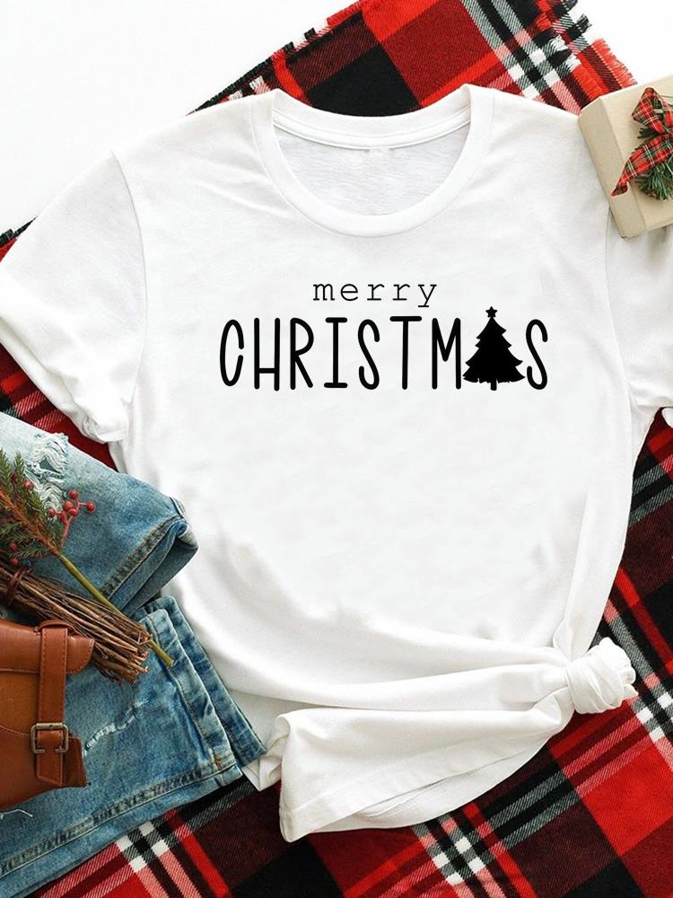 (Asian Size) merry Christmas new year o-neck Women's Top T Clothing Print bow style trend Short Sleeve T-shirts Fashion holiday Graphic Tee