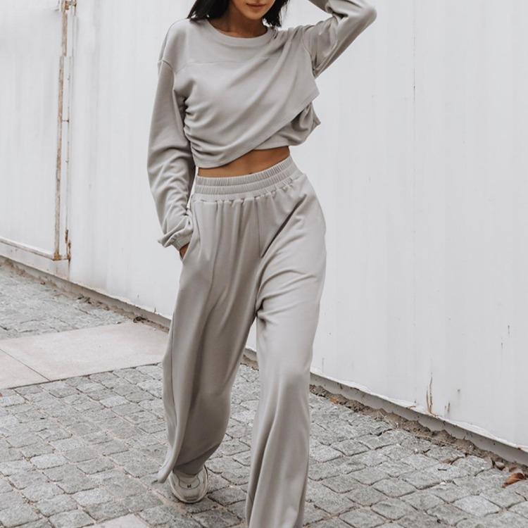 Women Autumn Winter Loose Hoodies Suit Long Sleeve O Neck Top with Wide Leg Pants Solid Color