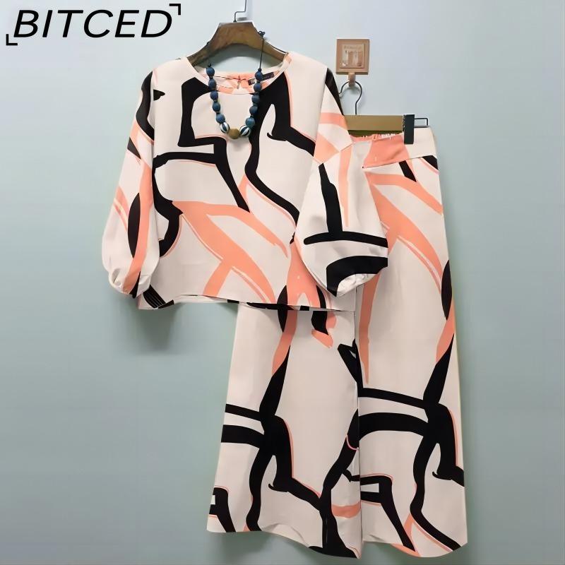 

BITCED Літній жіночий повсякденний комплект: Богемний топ, Штани широкого крою, Набір з 2 предметів M бежевий
