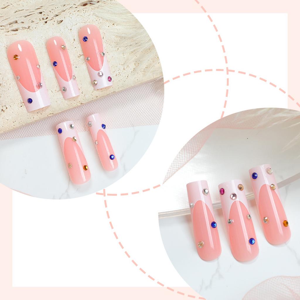 24pcs Long Square False Nail with Metal Colorful Rhinestones Press On Nail For Stylish And Elegant Nail Art Design