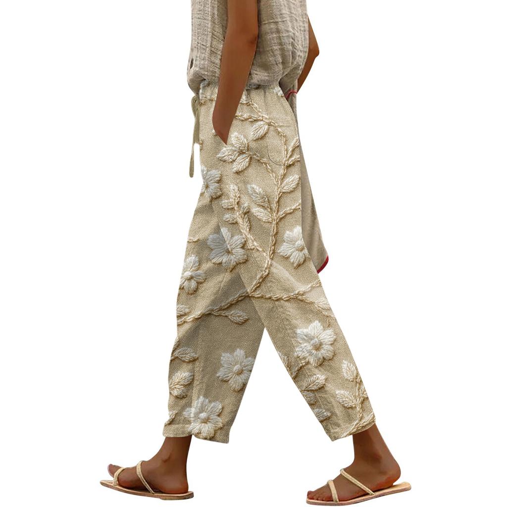 Damen Modische Hose mit Blumenmuster, Kordelzugtaschen und elastischem Bund für Freizeit