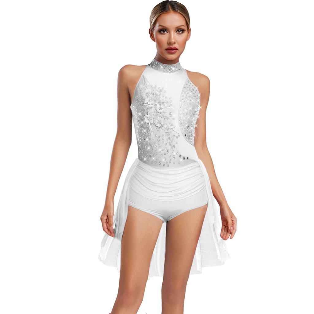 Body da ballo latino Chacha da donna S-XXL: Body Leotard Monopezzo Senza Maniche con Strass Scintillanti, Schiena Svuotata, Gonna Irregolare, per Ginnastica