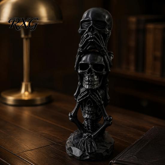 Creative Resin Crafts 3D Printed Triple Skull Statue, Halloween Horror Hear No Evil See Skeleton Figurines Speak Figurine, Desk Decor for Home Office