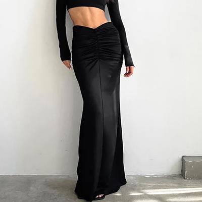 Womens Black Mermaid Skirt 2026 Elegant High Waist Pleated Bodycon Long Evening