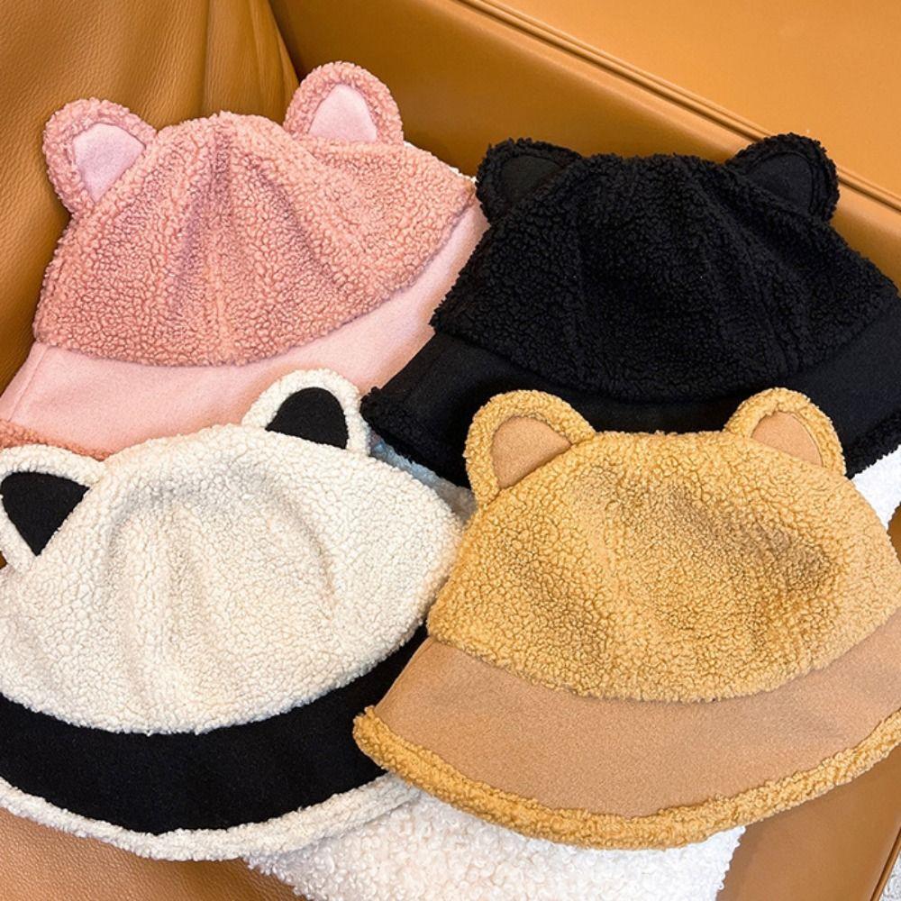 Warm Berber Fleece Bear Ear Cap Sun Protection Winter Bucket Hat Creative Fisherman Hat  Outdoor