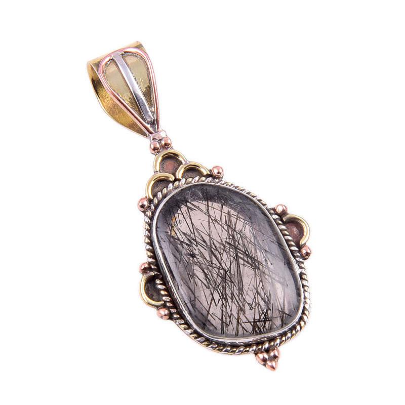 Natural Black Rutile 925 Solid Sterling Silver TwoTone Gift Pendant 1.50" o7T46