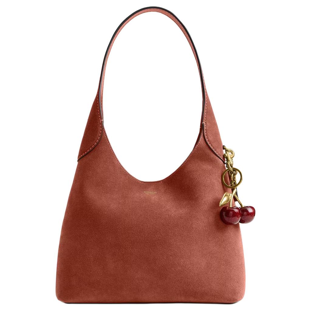 Coach Brooklyn 28 Logo Plaque Suede And Leather Shoulder Bag Large Women Shoulder Bag Clay CW637-B4AY