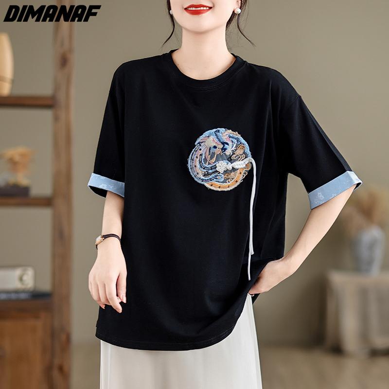 

DIMANAF 2024, новая летняя женская футболка, винтажные свободные однотонные черные футболки с короткими рукавами и вышивкой, повседневные топы с круглым вырезом, рубашка M белый
