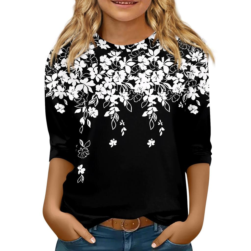 Children's 3/4 Sleeve Tops Casual  Print T Shirt Round Neck Pullover Blouse