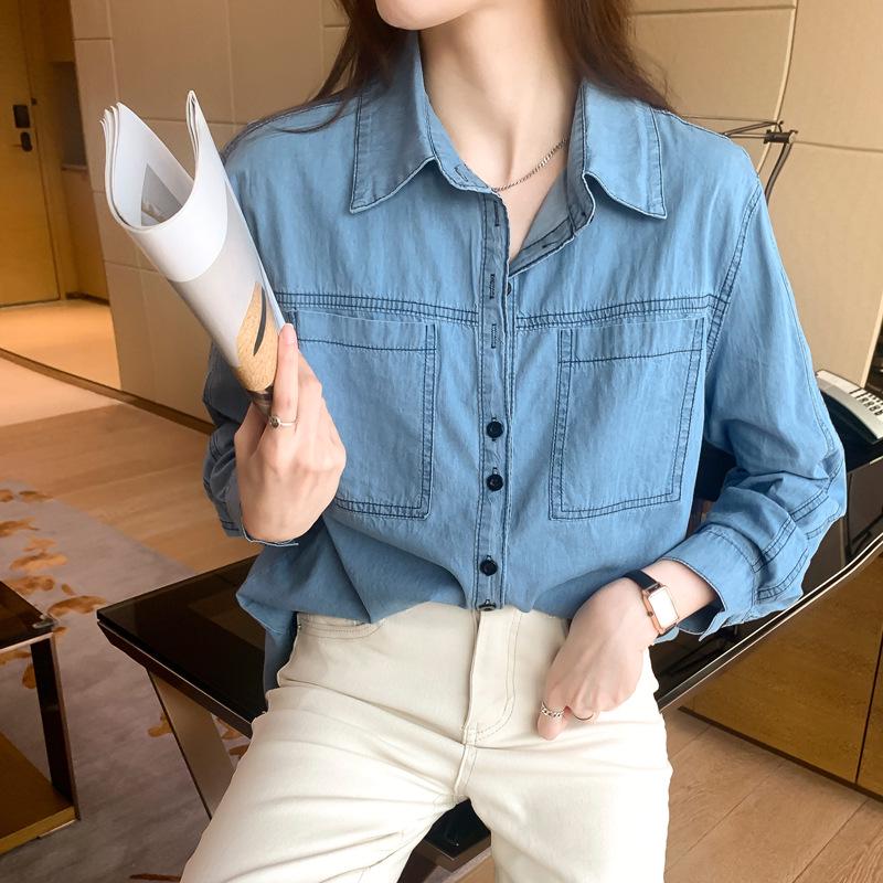 Retro Denim Shirt - Women's Spring 2024 Casual Turn-Down Collar Top