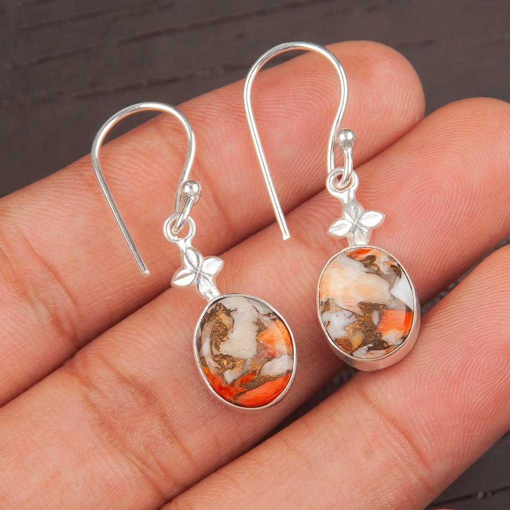Orange Copper Turquoise Gemstone 925 Sterling Silver Jewelry Boho Earrings 1.30" EE-6-38