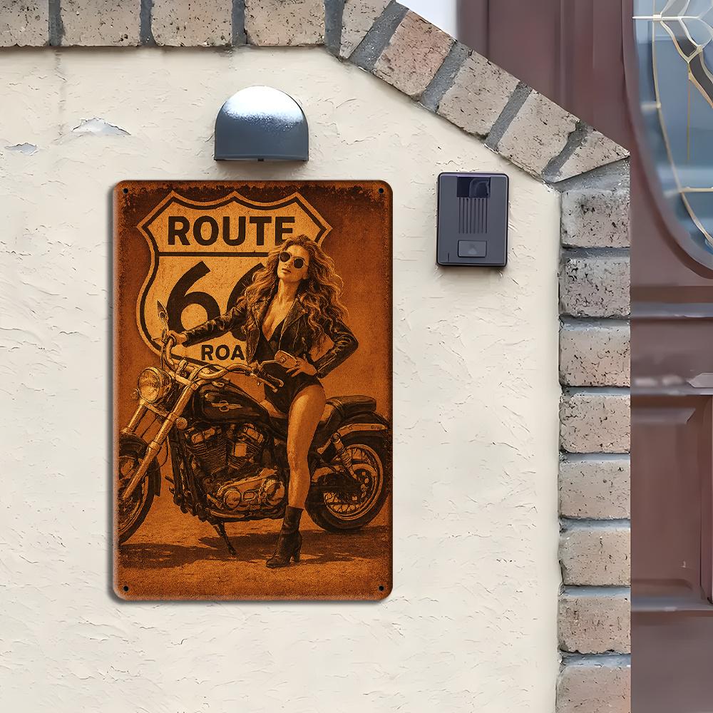 Vintage Route 66 Motorcycle Sign - Retro Aluminum Wall Art for Cafe & Bar Decor