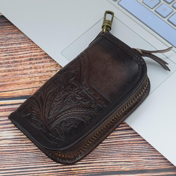 

2026 First-grain Tree Bark Embossed Key Case Driver s License Holder Vegetable-tanned Leather глубокая кофе