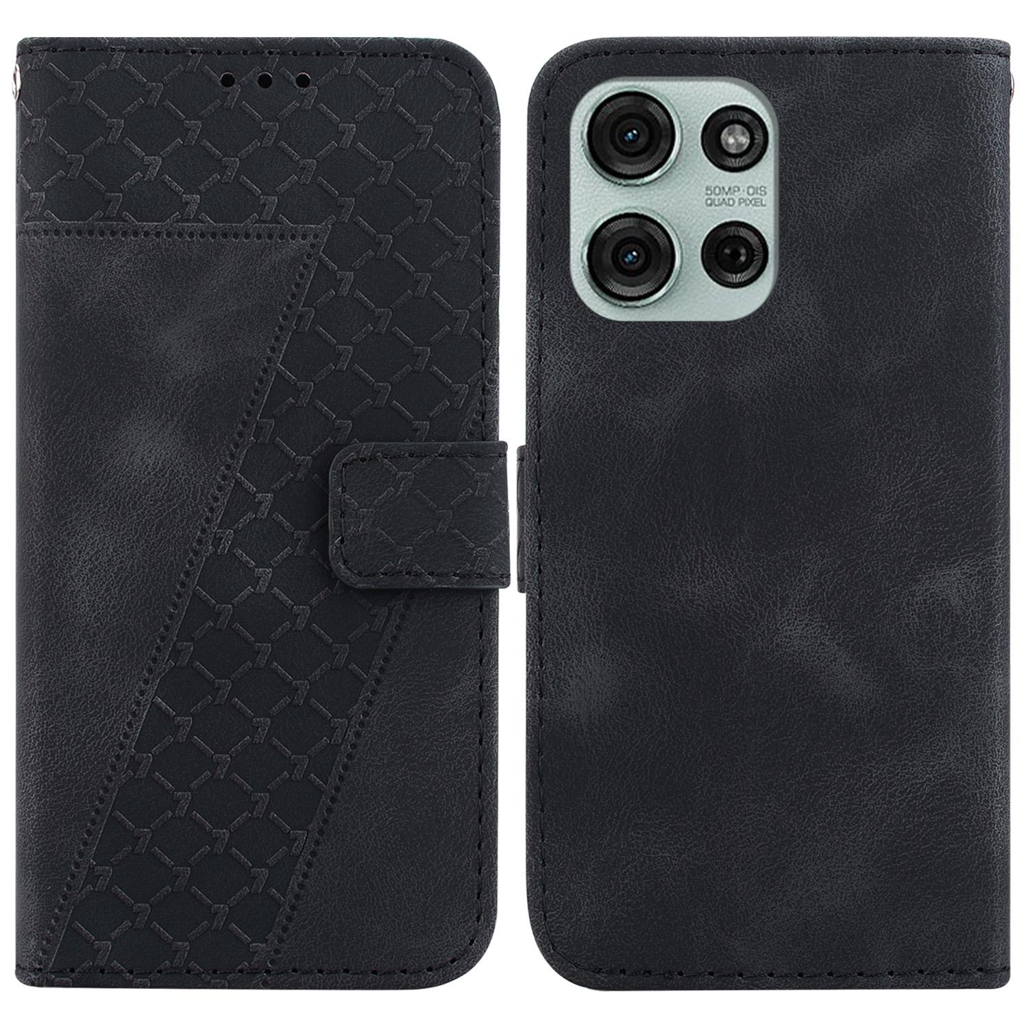 

For Motorola Moto G75 5G Stand Case 7-Shaped Pattern Imprint Leather Phone Cover Black