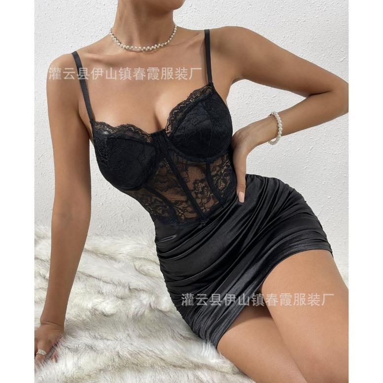 Wind lace fishbone splicing erotic underwear perspective sexy pumping pleated hip-wrapped tight dress