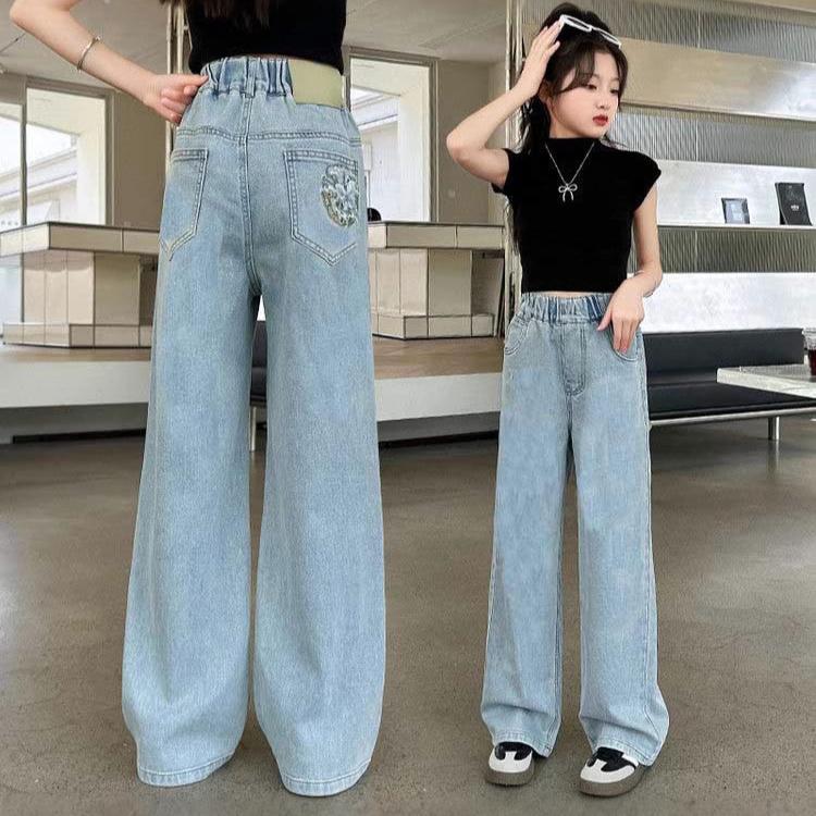 Girls' Pants Spring and Autumn Wide Leg Jeans Fashion Girls' Korean Back Pocket Straight Leg Pants