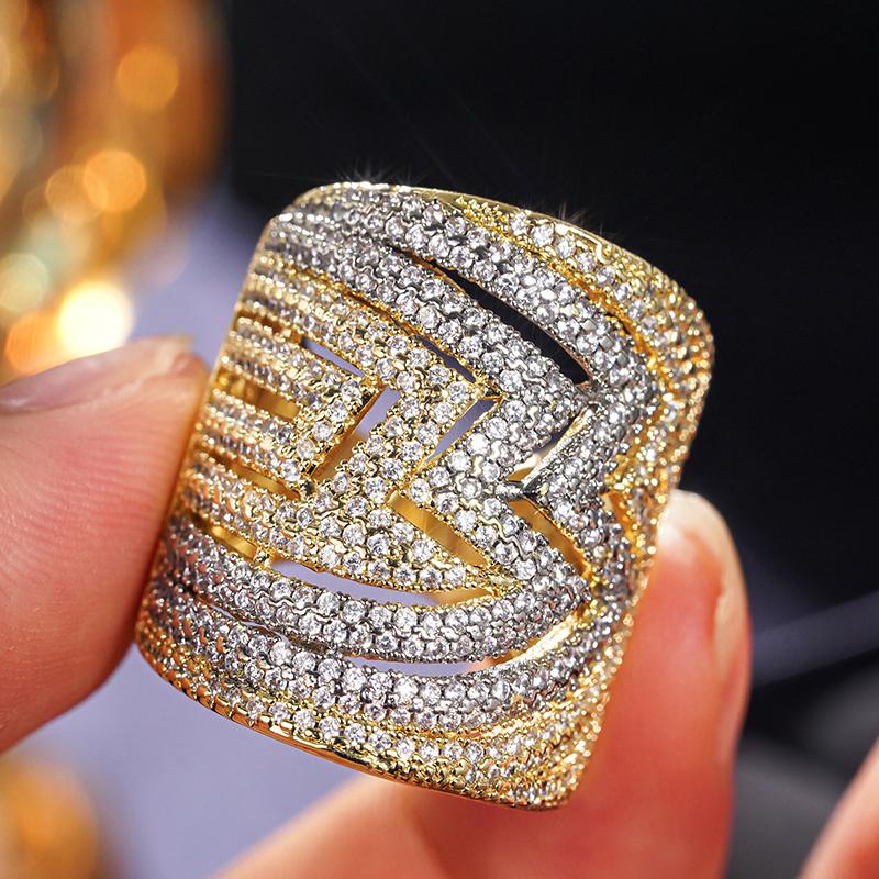 Huitan Luxury Two Tone Women Ring Full Sparkling Cubic Zirconia Wedding Anniversary Trendy Lady Accessories Chic Jewelry Gift
