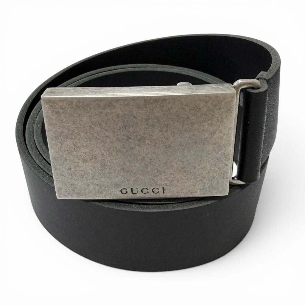 Great GUCCI belt Logo buckle with dark marks finish Silver leather mens 835193 Used