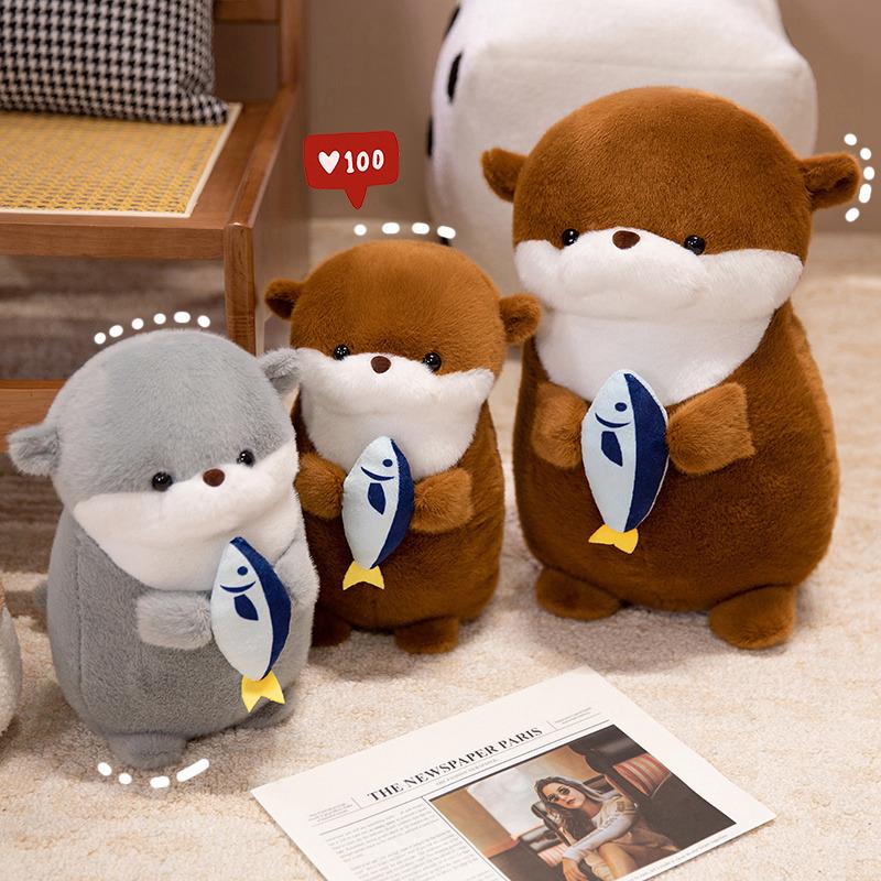 30cm Otter Plush Toy Soft Holding Fish Otter Doll Pillow Creative Otter Stuffed Animal Toy Birthday Gift For Kid Room Decor