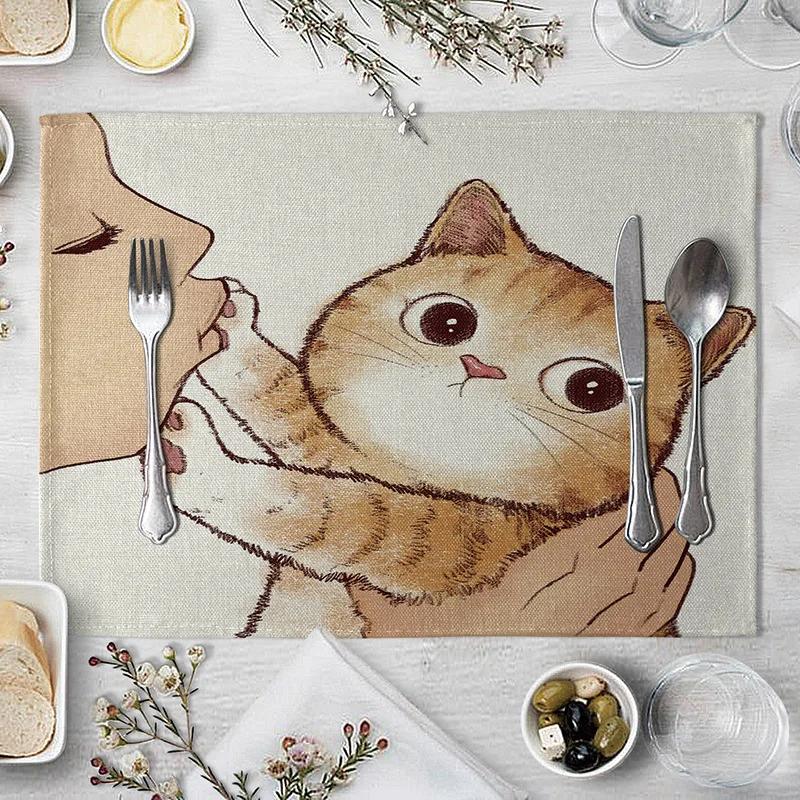 40x30cm Linen Cat Print Table Mat Cute Cat Cartoon Animal Pattern Placemats For Children Kids Kitchen Dining Place Mats Pads