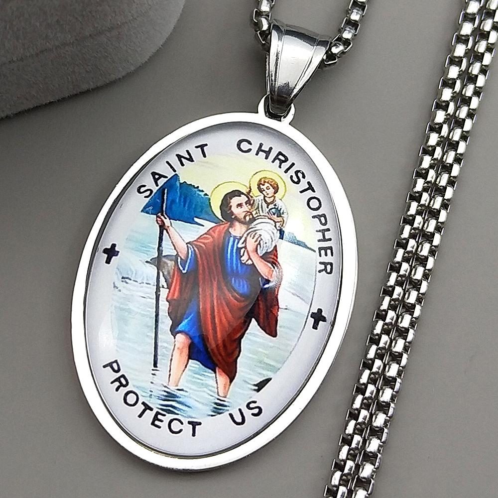 Saint Christopher Protect Us Glass Medal Pendant Necklace for Women Men Stainless Steel Gold Color Catholic Traveler Jewelry