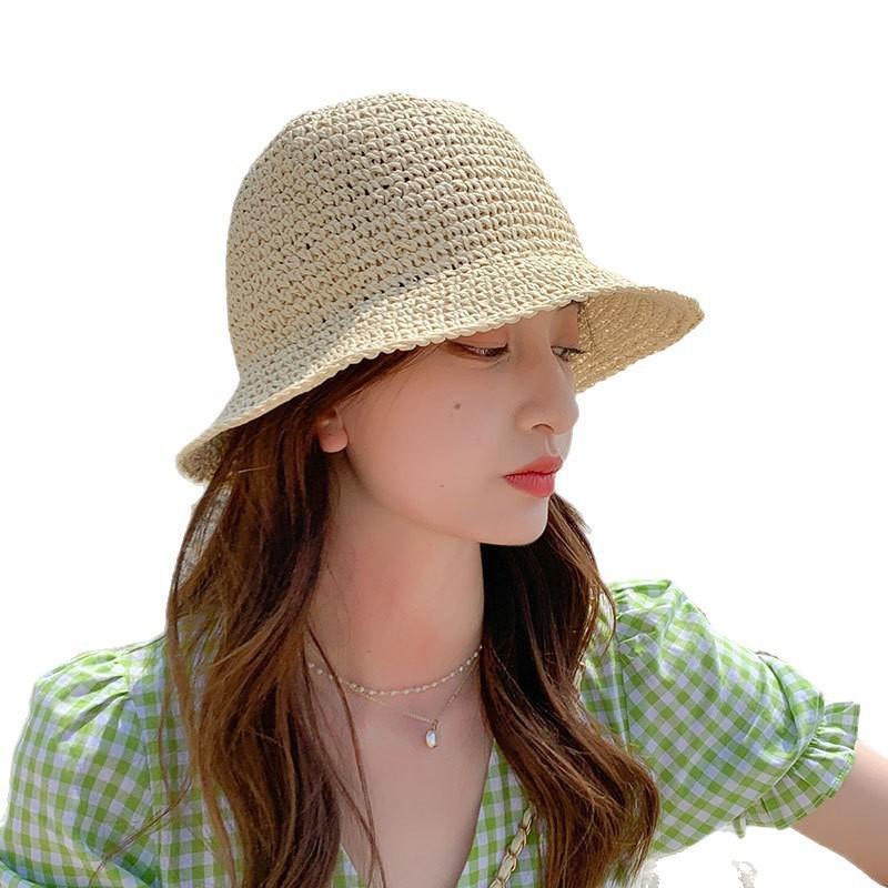 Unique Woven Women Sun Hat Solid Color Breathable Straw Fisherman Hat Foldable Visor Cap Bucket Hat Vacation