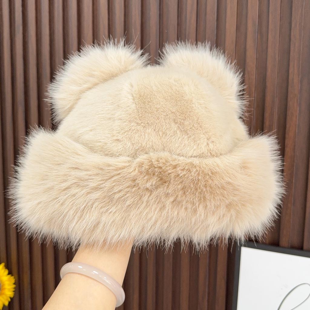 Retro Fuzzy Bear Ear Beanie Hat Pom-pom Ears Bucket Hats for Men and Women Winter Russian Thickened Warm Ear Protector Basin Cap
