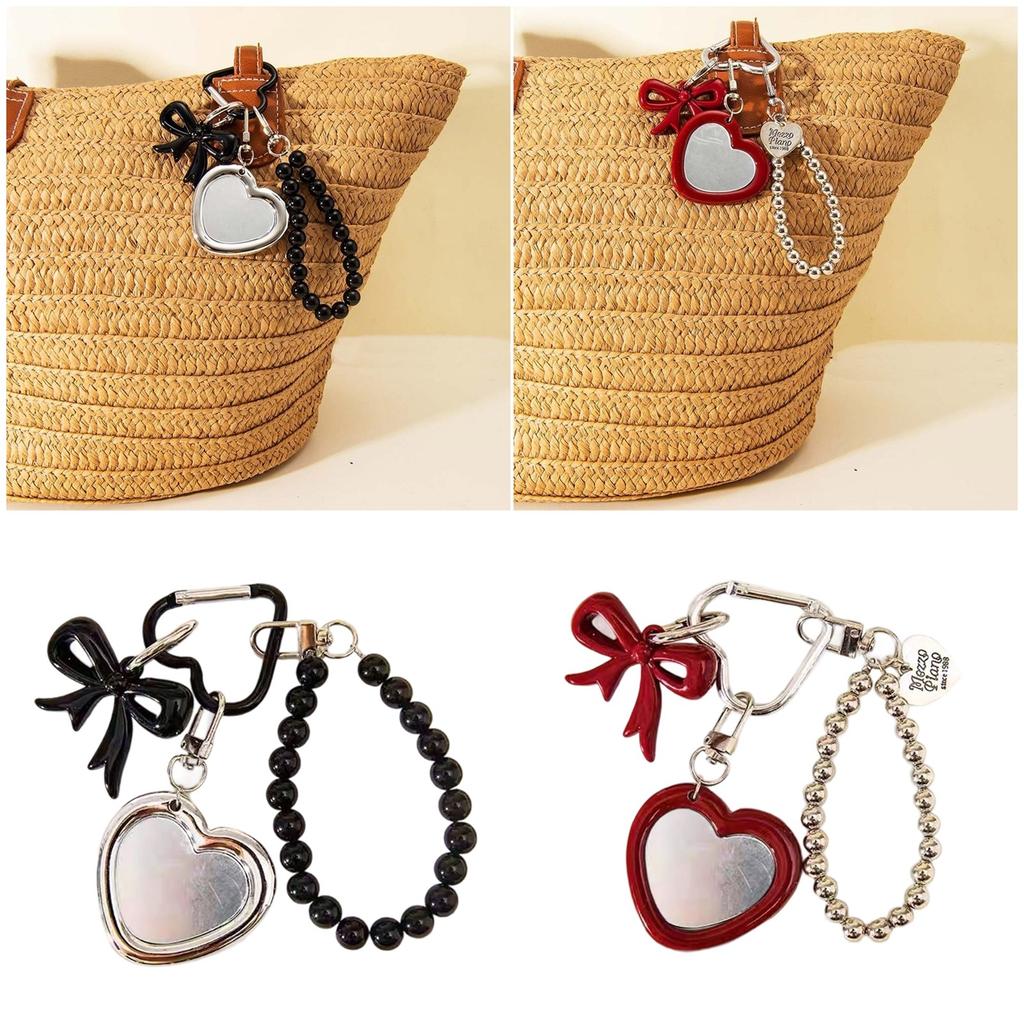 Fashionable Alloy Heart Shaped Bag Charm With Functional Mirror Detachable Bowknot Keychain For Purse Backpack Decoration