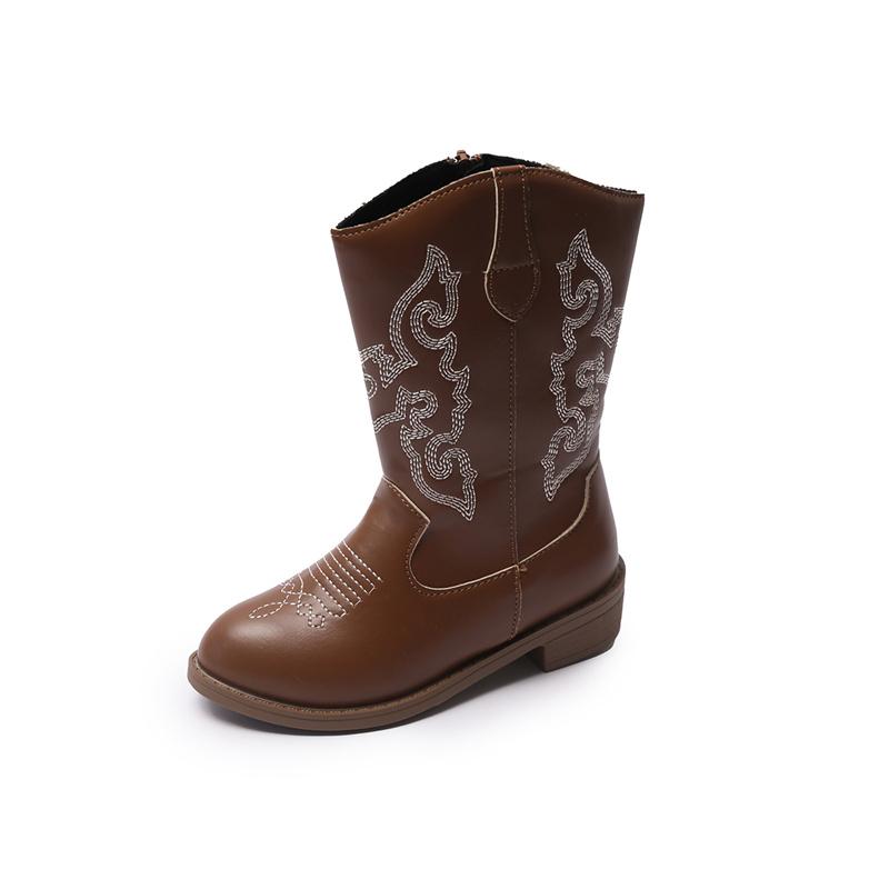 

Leather Girls Print Decorative Cowboy Casual Ankle Boots Autumn and Winter Non-slip Side Zipper Retro Children Boots. 37 шоколадний