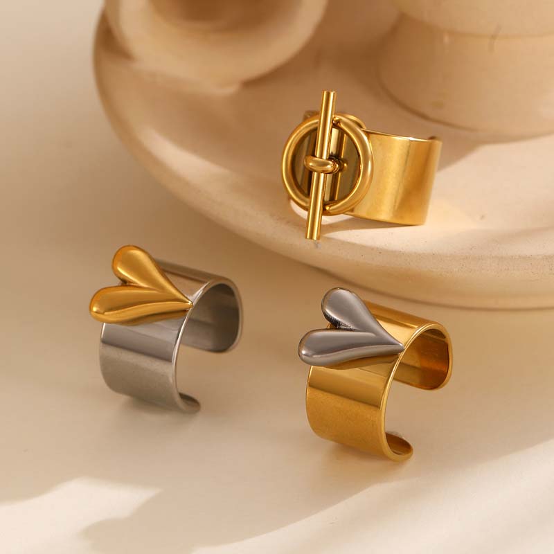 Stainless Steel Metal Heart Pattern Cuff Ring For Women Men Punk Hip Hop Gold Color Adjustable Wide Thick Finger Rings Jewelry