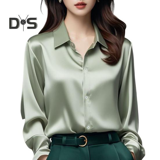 

Женская рубашка из гладкого атласа с длинным рукавом и лацканами, повседневные топы, однобортная рубашка для офиса в стиле французского стиля S светло-зеленый