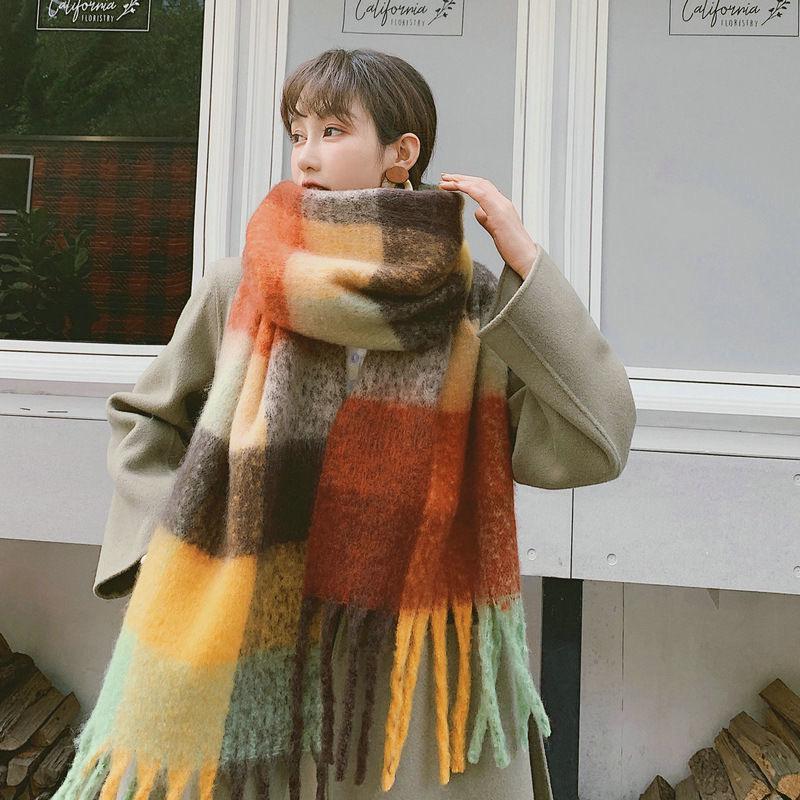 Korean Style Plaid Mohair Scarf - Women's Winter Imitation Cashmere Shawl