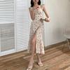 Women Summer Maxi Dress Side Split Elastic Bust Sleeveless Flower Print Ruffle Dress-up Patchwork Backless Women Dating Dress Female Clothing