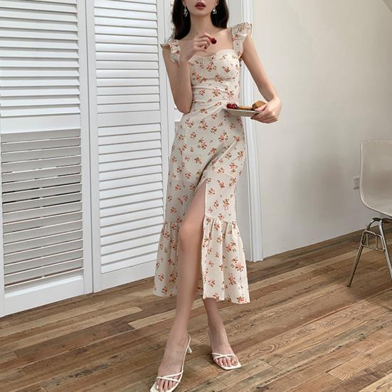 Women Summer Maxi Dress Side Split Elastic Bust Sleeveless Flower Print Ruffle Dress-up Patchwork Backless Women Dating Dress Female Clothing
