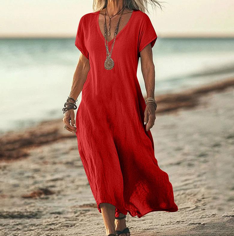 V-Neck Loose Solid Color Cotton Linen Women's Dress
