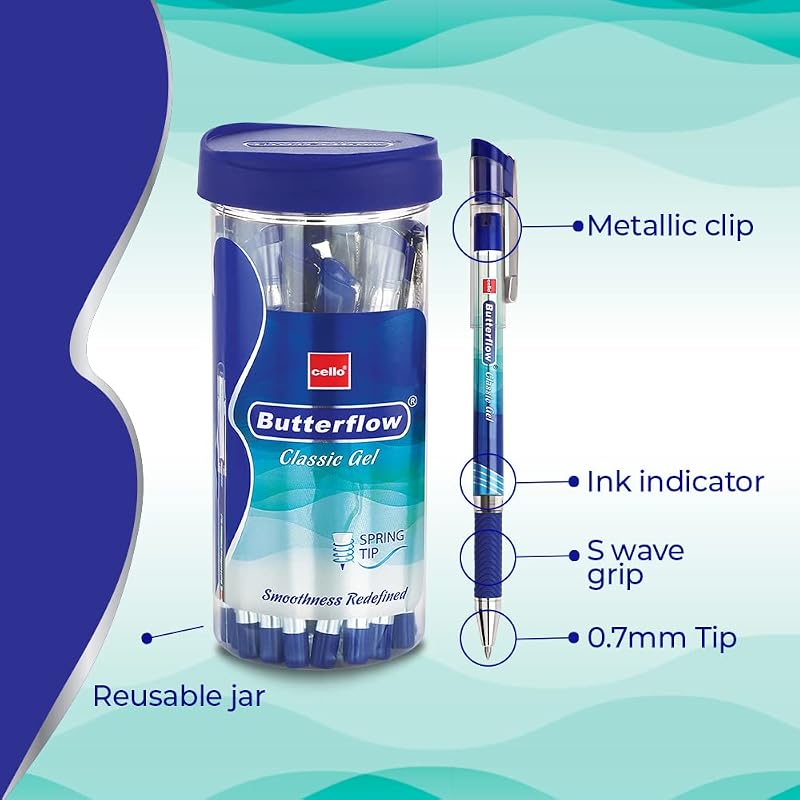 Cello Butterflow Classic Gel-Stift Set | Packung mit 20 Gel-Stiften | 20 Stifte mit blauer Tinte | Feder-Spitze | Geschmeidiges Schreibgefühl