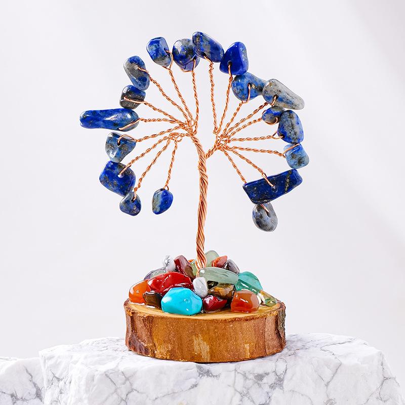 Natural Crystal Chips Tree Handmade With Copper Wire Wood Stump Base Money Tree Of Life Ornament Home Office Decor