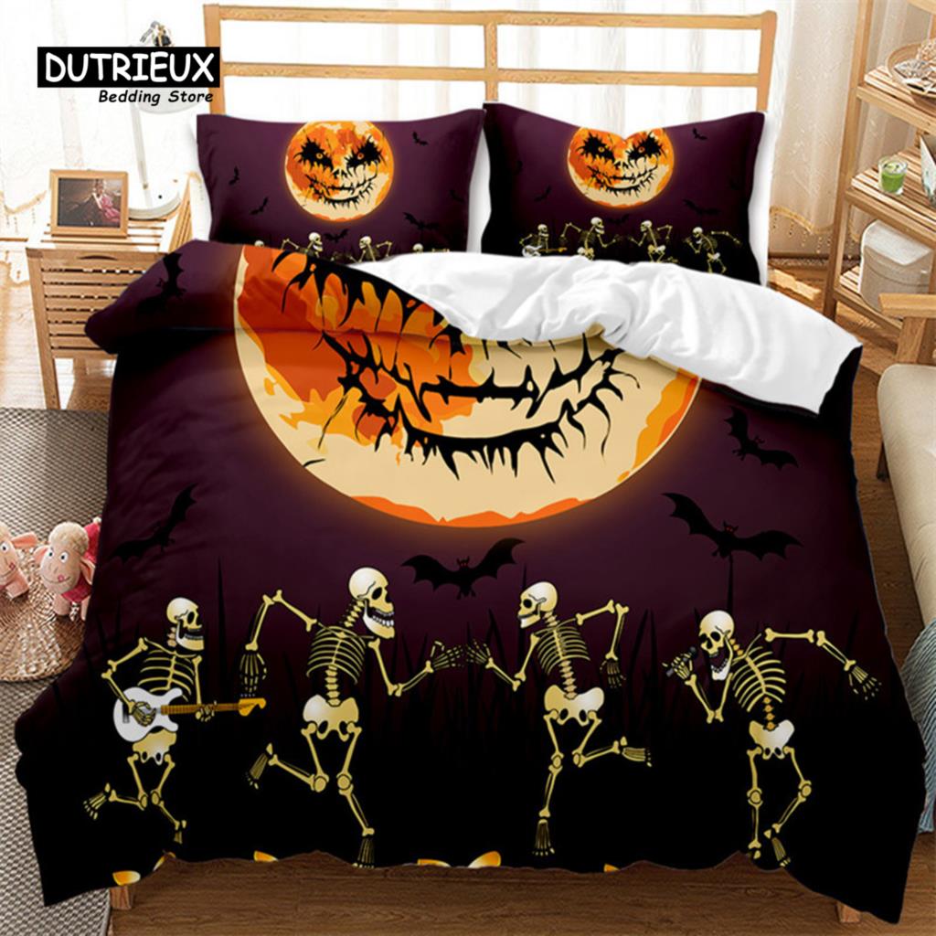 Cartoon Pumpkin Duvet Cover Gothic Halloween Skull Bedding Set Polyester Lantern Ghost Comforter Cover King For Boys Girls Decor