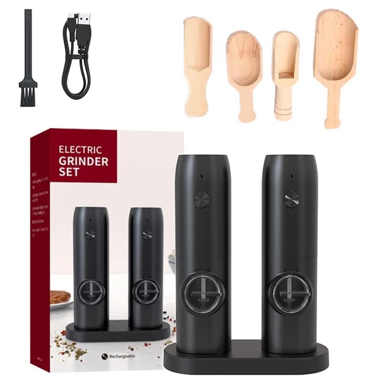 Electric Salt and Pepper Grinder Set USB Rechargeable With Charging Base Automatic Black Peppercorn and Sea Salt Spice Mill Set