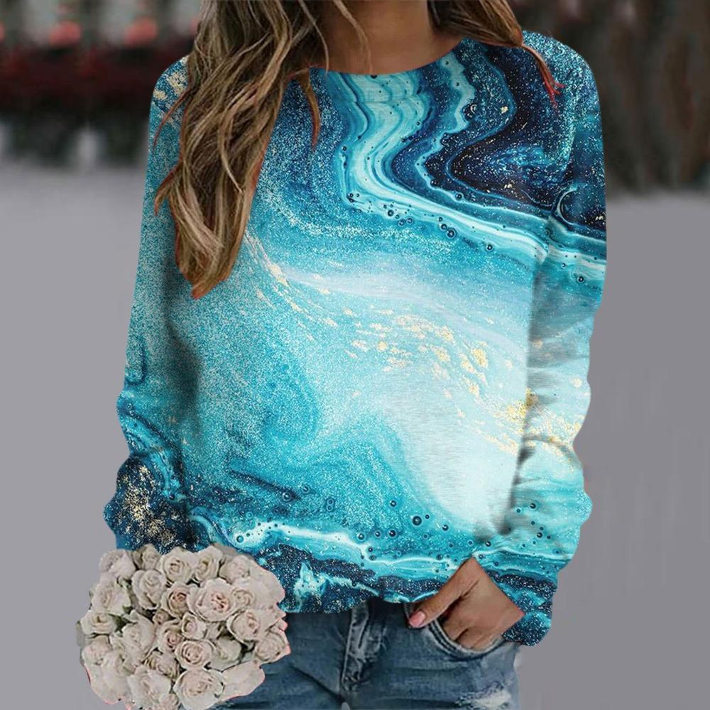 Fashionable Retro 3D Floral Print Women's Casual Round Neck Long Sleeved T-shirt