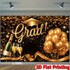 2D Graduation Background, Elegant Black Gold Grad Party Decor Banner with Grad Cap and Champagne for Photoshoot