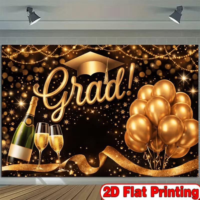 2D Graduation Background, Elegant Black Gold Grad Party Decor Banner with Grad Cap and Champagne for Photoshoot
