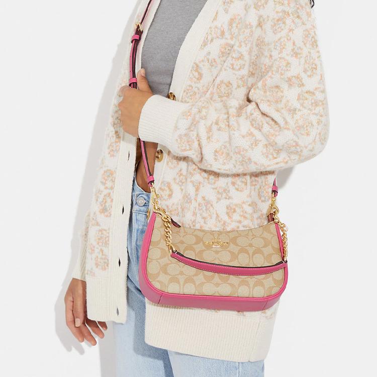 Coach Teri 25 Letter Logo Classic Monogram Zip Closure Canvas And Leather Shoulder Bag Saddle Bag Women shoulder bag Brown Pink CA548-IMVGK