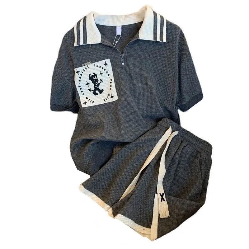 Summer Women's Suit Design Sensibility Niche Loose-Fit Versatile Zipper Lapel Short Sleeves Walf Checks Shorts 2-Piece Set