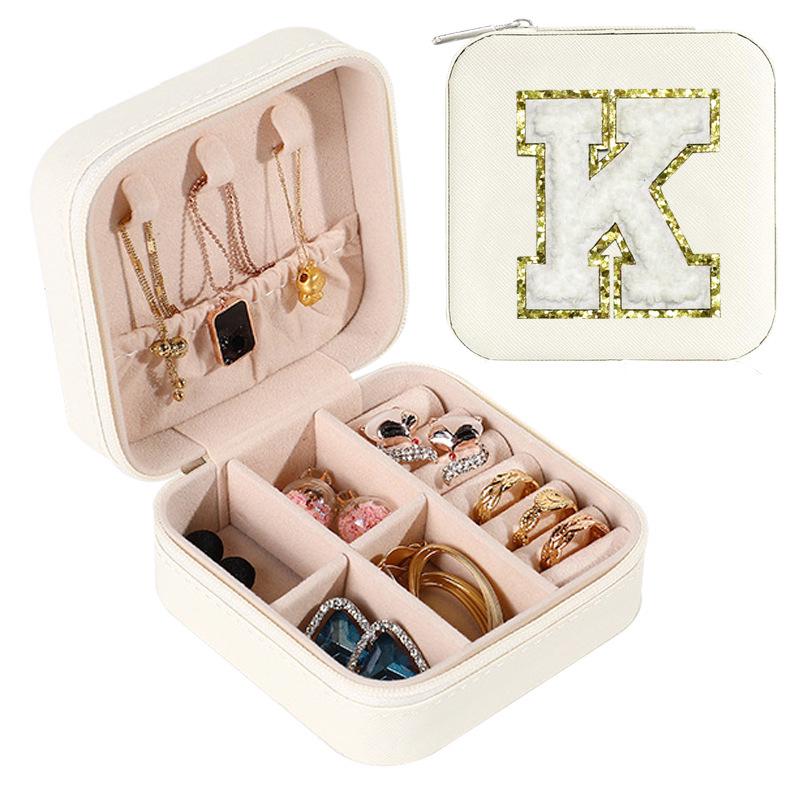 Large Capacity Jewelry Box for Stud Earrings and Rings - Portable Leather Storage with Letter Design