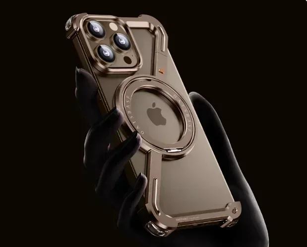 Oatsbasf Z Shape Metal Phone Case for iPhone 16 15 14 Pro Max with Stand 360°Rotate Magsafe Minimalist Frameless Protective Case