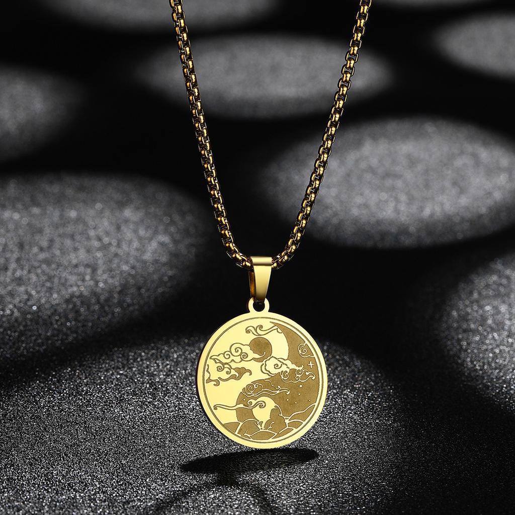 Kinital Exquisite Laser Carving Ancient Egypt Yin Yang Night Moon Lover Pendant Fashion Jewelry Stainless Steel Necklace