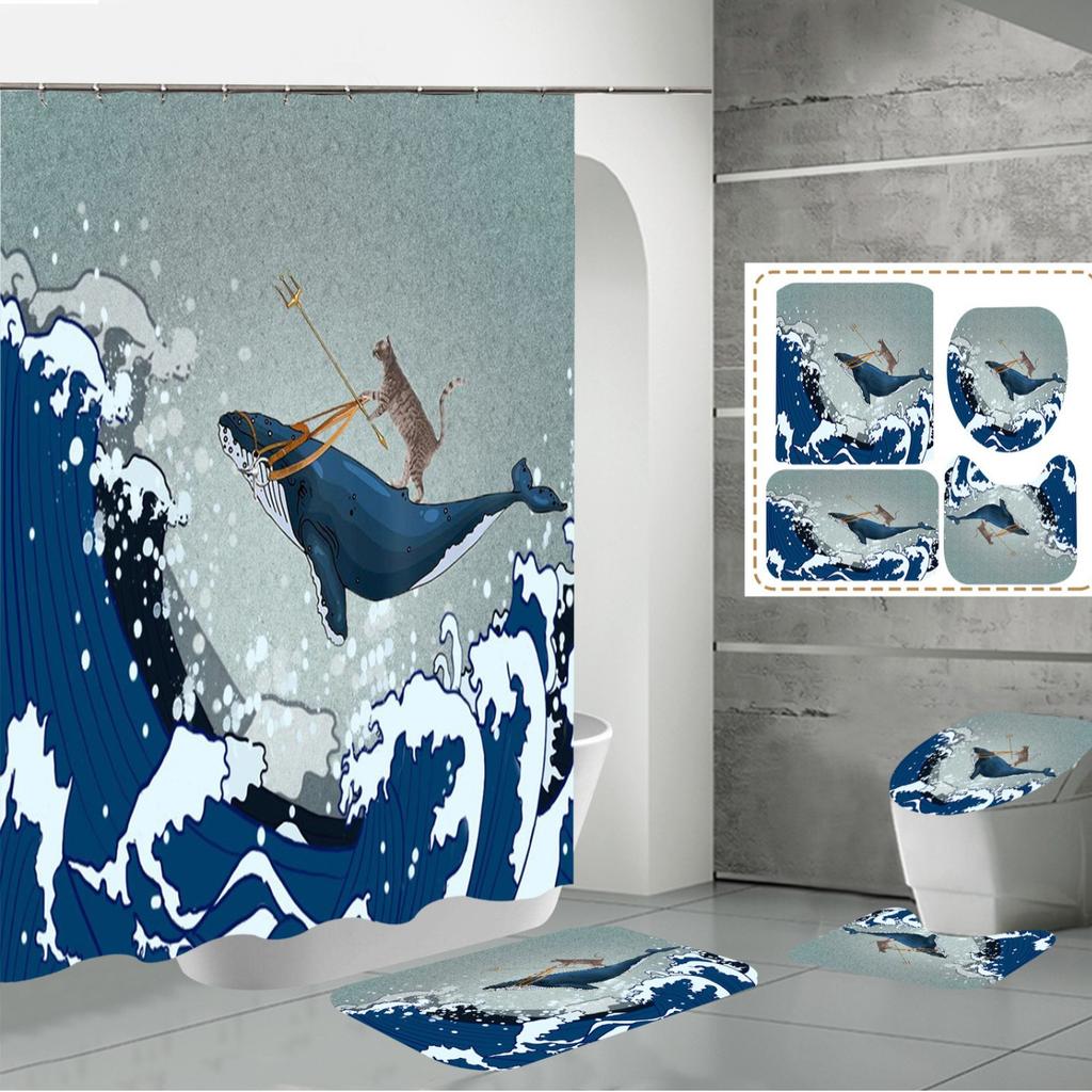 Shower Curtain Four-Piece 3D Digital Printing Shower Curtain Underwater Animal Bathroom Partition Shower Curtain