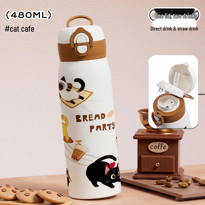 Термобутылка Diller с тематикой кошек, 480 мл, с трубочкой